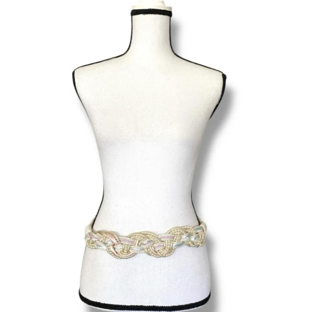 Vtg 80s Macramé Braided Belt Sz M/L Cream Lilac Pink Faux Pearls Romantic Boho